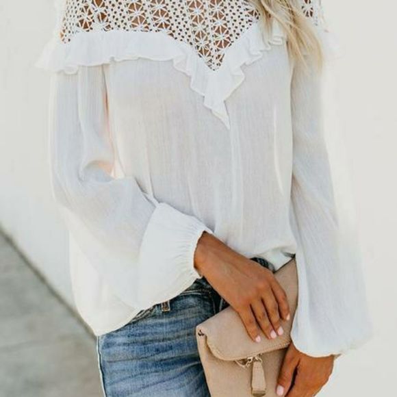 White Patchwork Lace Long Sleeve Top NEW - Picture 2 of 9